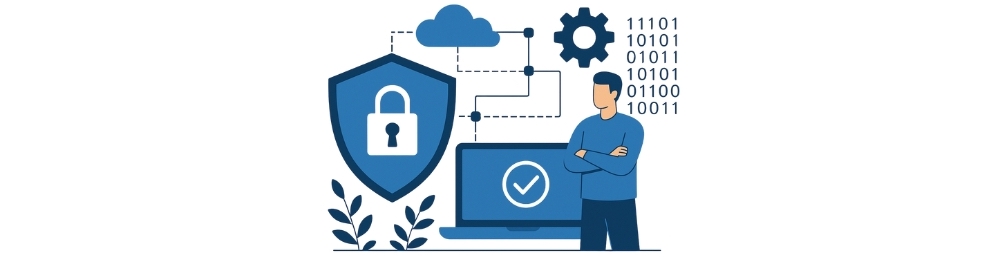 Illustration of a person standing beside a laptop, shield with padlock, cloud, gear, and binary code representing data security measures.