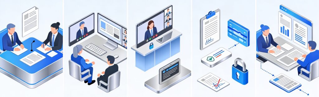 Infographic in five zones showing blockchain arbitration: claims submission, virtual hearings, witness testimony, secure tools, and award on blockchain.(