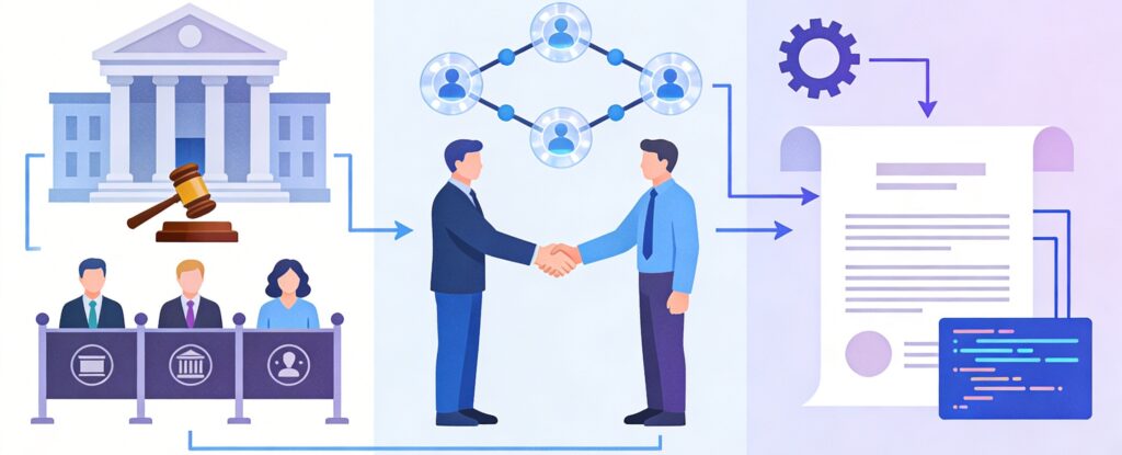 Infographic contrasting arbitration: traditional centralized enforcement, blockchain decentralized trust, smart contract auto-execution