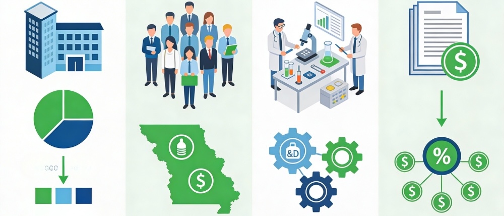 Infographic in four zones showing Georgia International Company tax base reduction: profit deduction process, employee salaries in Georgia, R&D expenses, and validated tax savings.