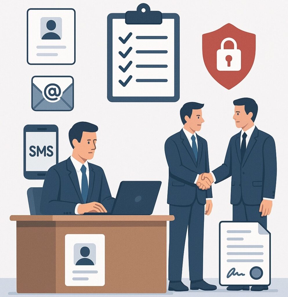 Businessmen shaking hands, with icons for data, communication, and security.