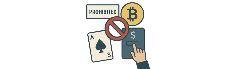 Illustration of cryptocurrency prohibition in gambling transactions.