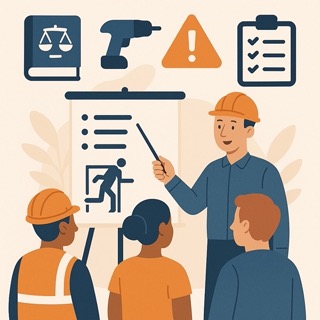 Instructor giving safety training to diverse workers with icons of hazards, tools, laws, and evacuation.