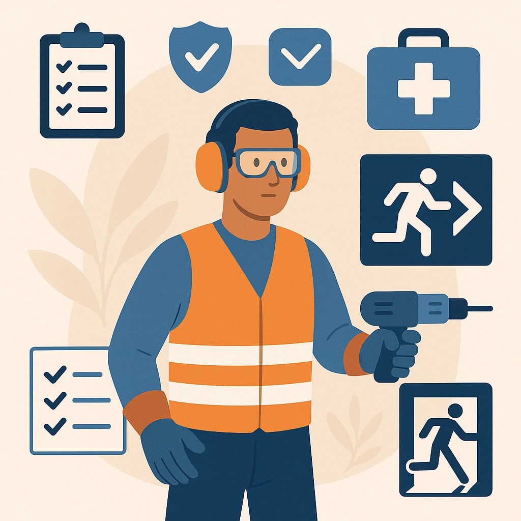 Worker in safety gear holding a drill, surrounded by icons for checklists, first aid, protection, and evacuation.
