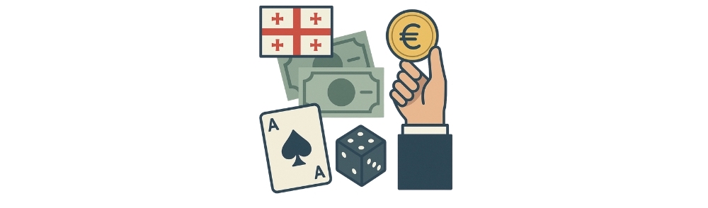 vector illustration showing Georgian currency (GEL), gambling elements, and the Georgian flag on a white background. Payment Options for Foreign Players on Georgian Systemic-Electronic Gambling Platforms