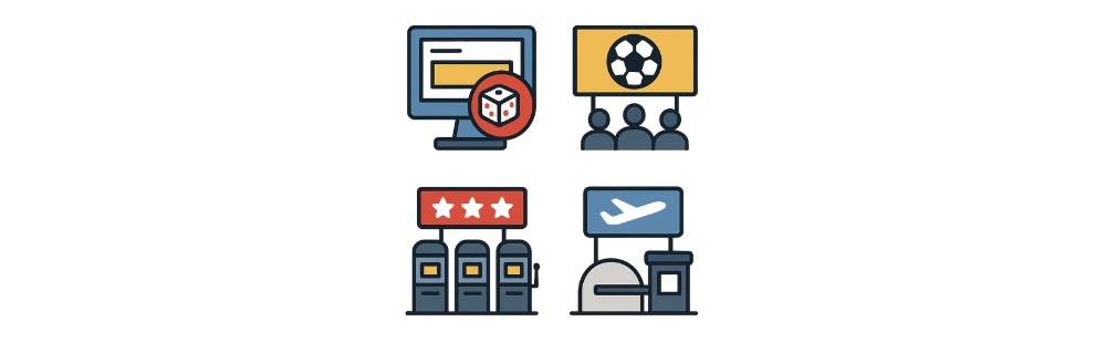 Four flat icons showing gambling ad exceptions: website, sports sponsorship, gambling venue, and airport checkpoint.