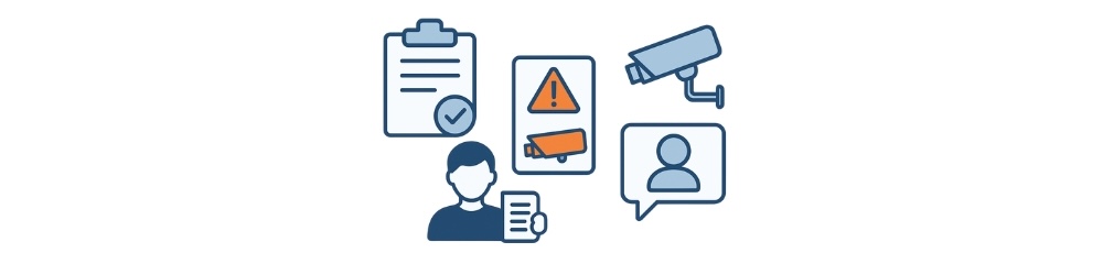 Vector icons of a checklist, warning sign, person with document, CCTV camera, and user speech bubble.