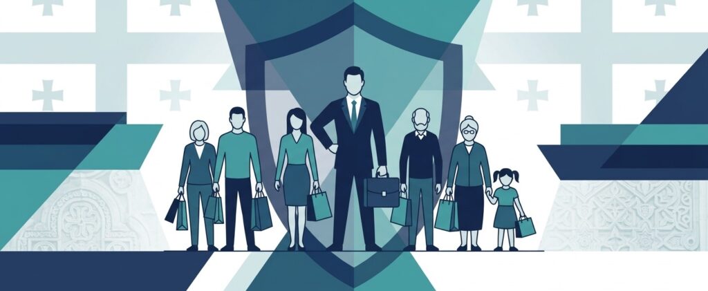 Professional graphic of trader shielding consumers with Georgian motifs.