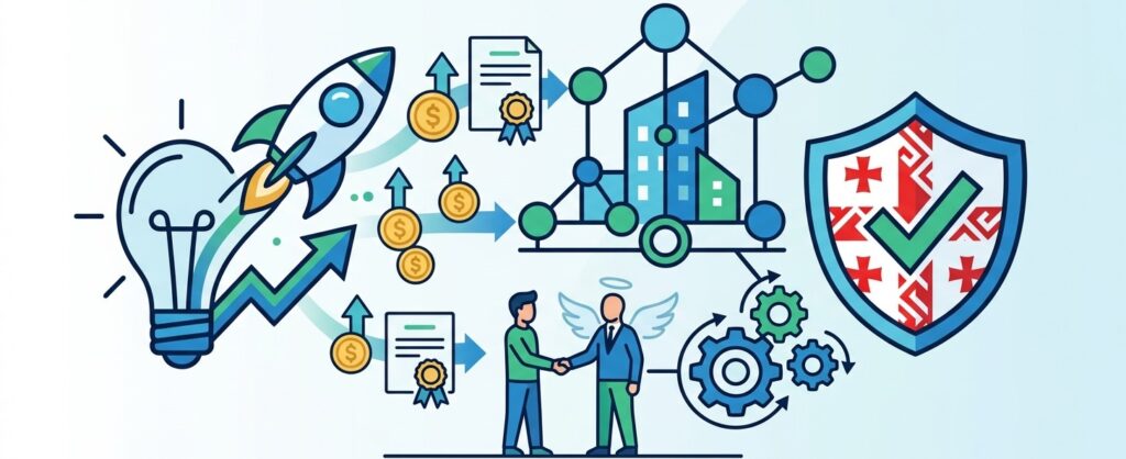 Minimalist illustration of lightbulb rocket, funding coins, angel investors, and startup growth icons for Georgian innovative companies