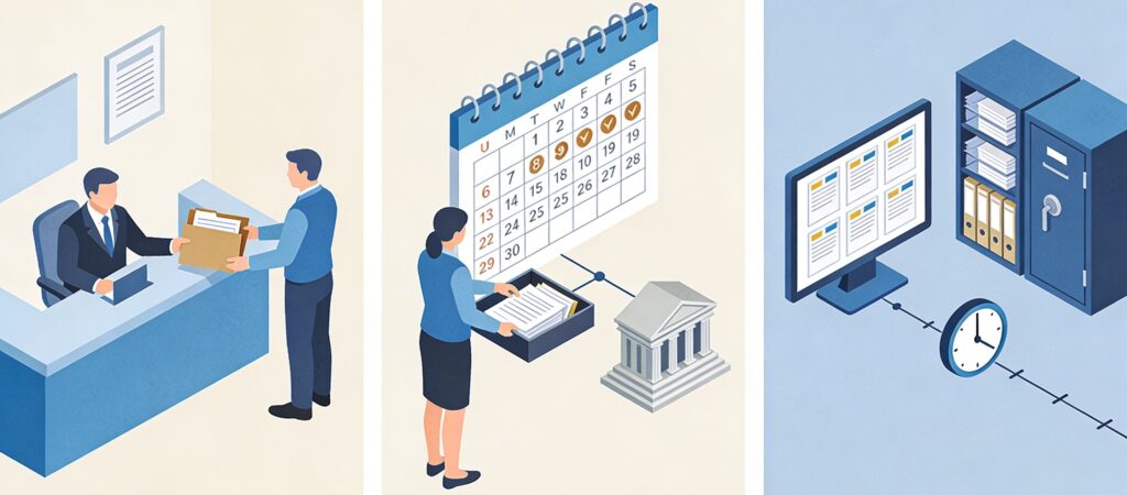 Horizontal infographic divided into three zones illustrating foreign agent compliance: registration at a desk, periodic reporting on a calendar, and record-keeping in file cabinets.