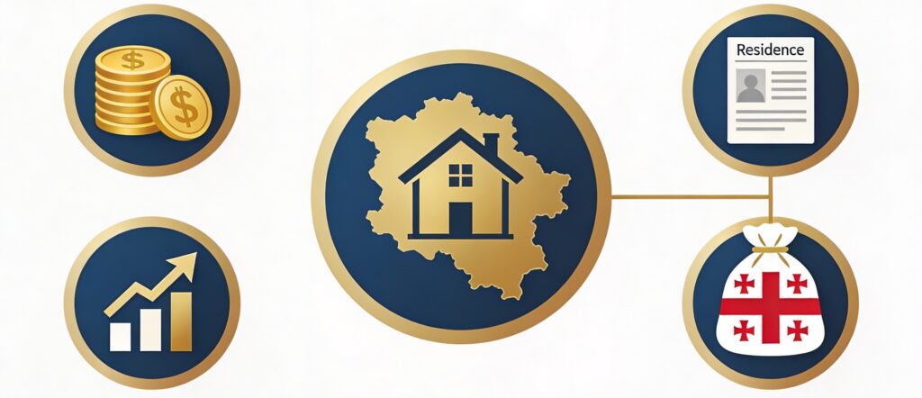 Infographic icons depicting HNWI tax residency criteria: wealth assets, property in Georgia, and economic ties