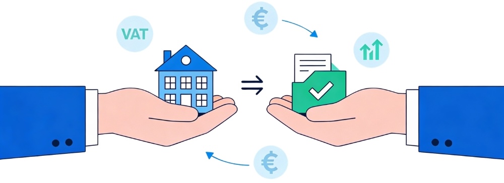 Minimalist graphic of two hands exchanging a building icon and service symbols, with subtle VAT and capital gain icons around it in blue-green tones.(
