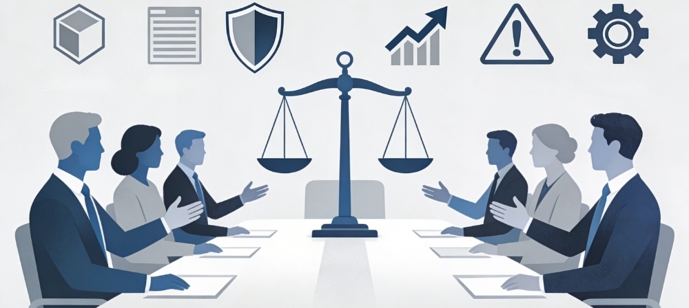 Shareholders around conference table with scales balancing freedom, profit arrow, warning, and gear icons in blue-gray corporate style.