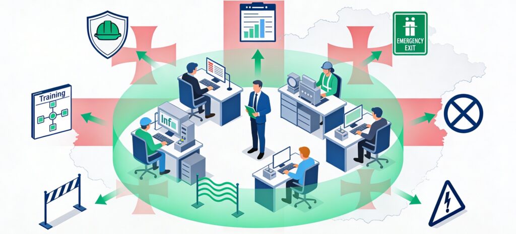 Employer safety icons: protected workers, training flow, hazard shields, green safety aura.