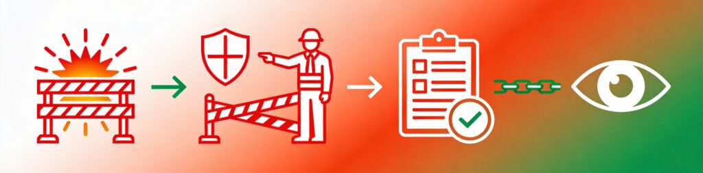 Accident alert secured by barriers, scene preservation, report to investigation flow.