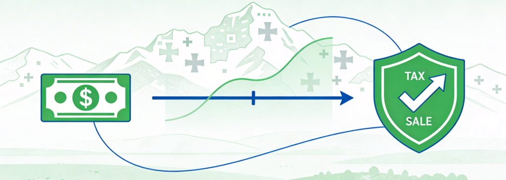 Plain minimalist graphic showing share icon, timeline arrow, growth curve, and green shield for tax protection. 