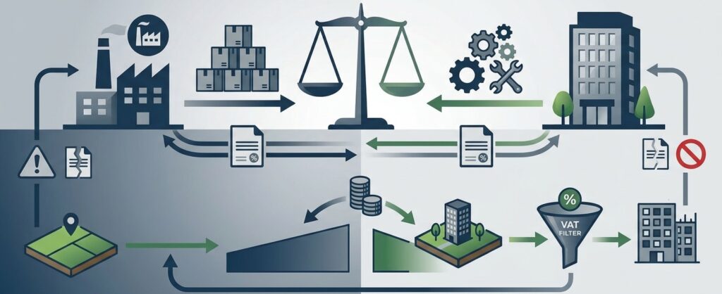 VAT barter graphic: exchanges, real estate, and tax flows.