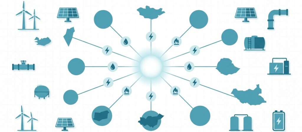 Minimalist graphic of glowing energy orb linking equal country silhouettes with open energy flow paths and equipment icons in blue-green tones. 