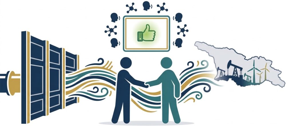 Minimalist graphic of two silhouettes shaking hands over energy stream, with approval gesture, agreement icons, and regional energy assets in navy-teal-gold tones.
