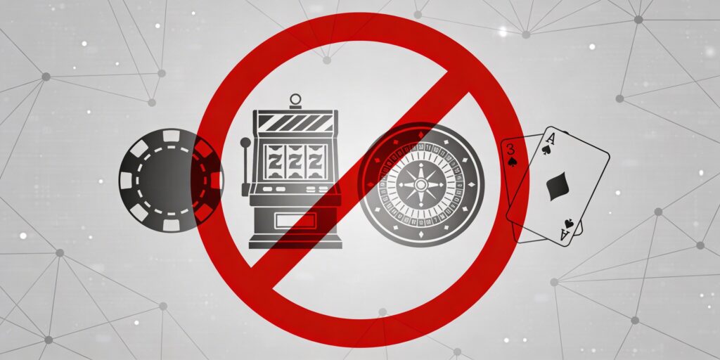 Prohibition sign over faded gambling icons