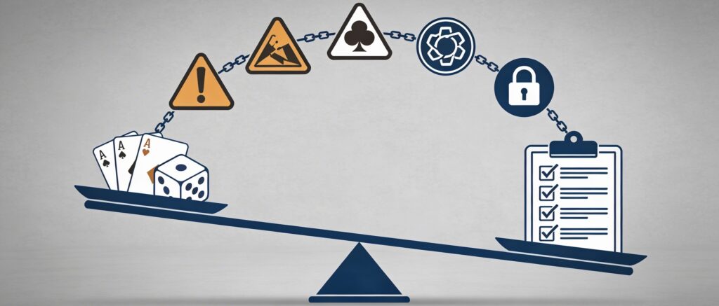 Scale balancing gambling icons against compliance warnings and fines