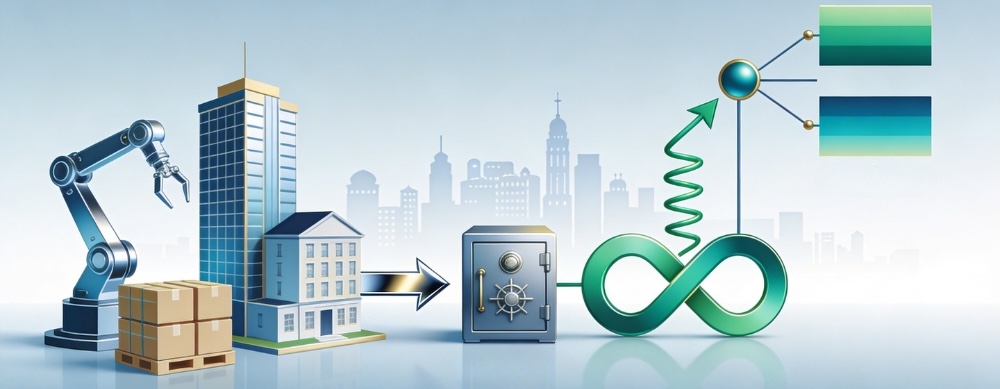 Sleek corporate icons: assets to proceeds, green reinvestment loop, dual tax bars on distribution