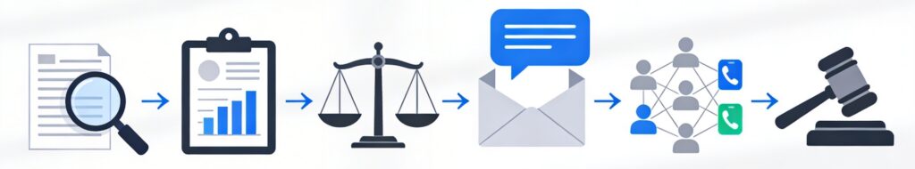 Horizontal flowchart illustrating six stages of tax transaction reclassification process with icons and arrows