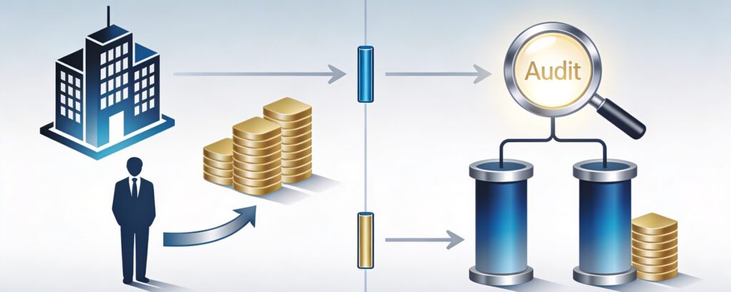 Tax reclassification graphic: loan payment morphing into profit distribution under audit.
