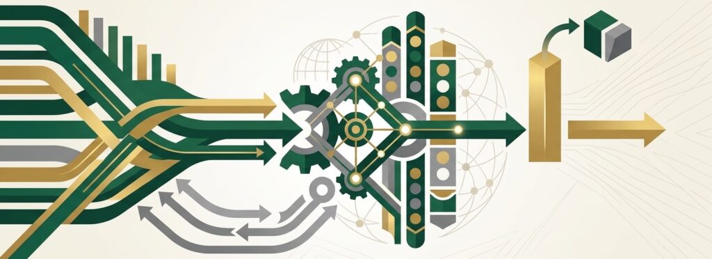 Abstract illustration of gambling CIT on GGR using geometric shapes for revenue flow and tax calculation in a professional financial layout.