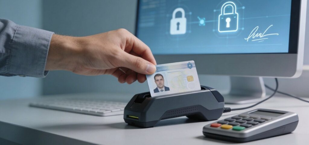Graphic showing hand inserting ID card into reader for secure e-signature activation