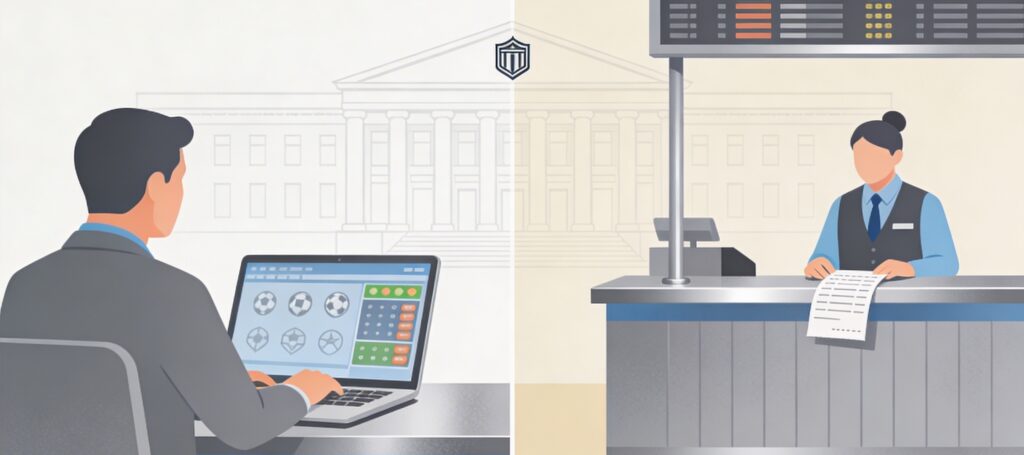 Minimalist split illustration showing online sportsbook (person on laptop) on the left and land-based sportsbook counter on the right.