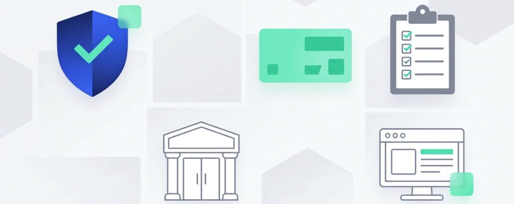 Illustration of AML scope and due diligence in gambling, featuring shield, ID shape, checklist, casino, and online icons in a clean layout