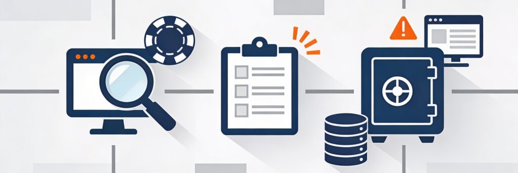 Illustration of AML/CFT monitoring and reporting in gaming, with magnifying glass, report, data vault, and casino icons