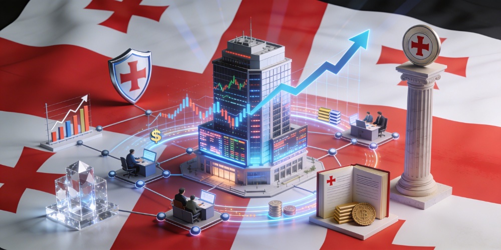 3D illustration of Georgia's capital markets on the national flag background: glowing financial building with rising charts, trader desks, shields, coins, graphs, and connected nodes symbolizing growth and regulation.