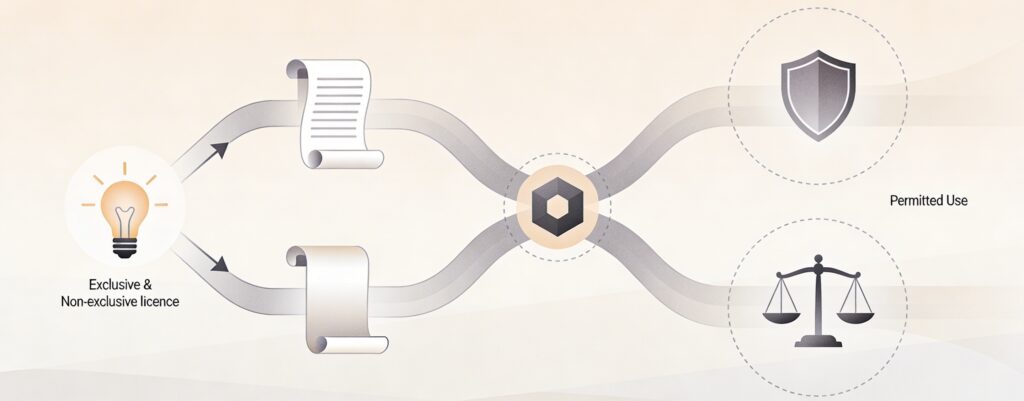 Abstract flows of copyright licensing paths, royalty streams, and IP protection concepts in neutral tones.