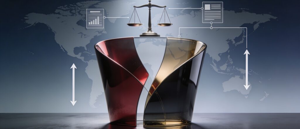 Abstract professional graphic depicting a corporate merger under regulatory legal review, featuring minimalist skyscrapers merging beneath a scale of justice.