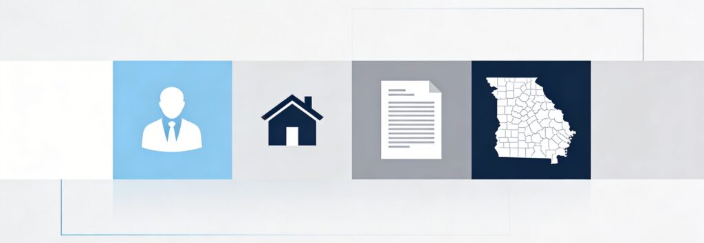 Illustration of Georgian tax residency rules for individuals, showing a person, house, document, and map of Georgia in a clean, professional layout.