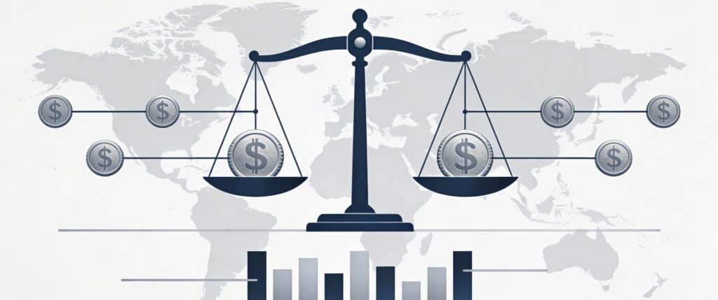 Minimalist grayscale graphic of scales, coins, and lines symbolizing Georgian withholding tax compliance.