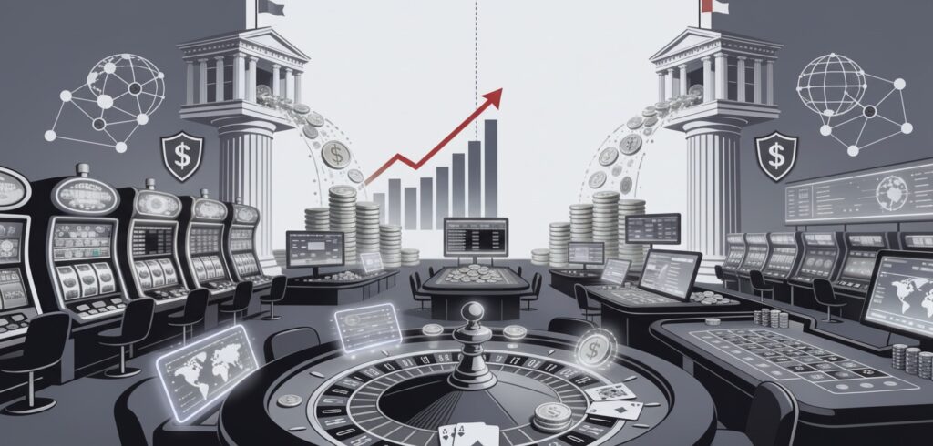 Muted panoramic graphic of Georgia's gambling tax ecosystem with casino elements, revenue flows, and compliance symbols on a subdued palette. 