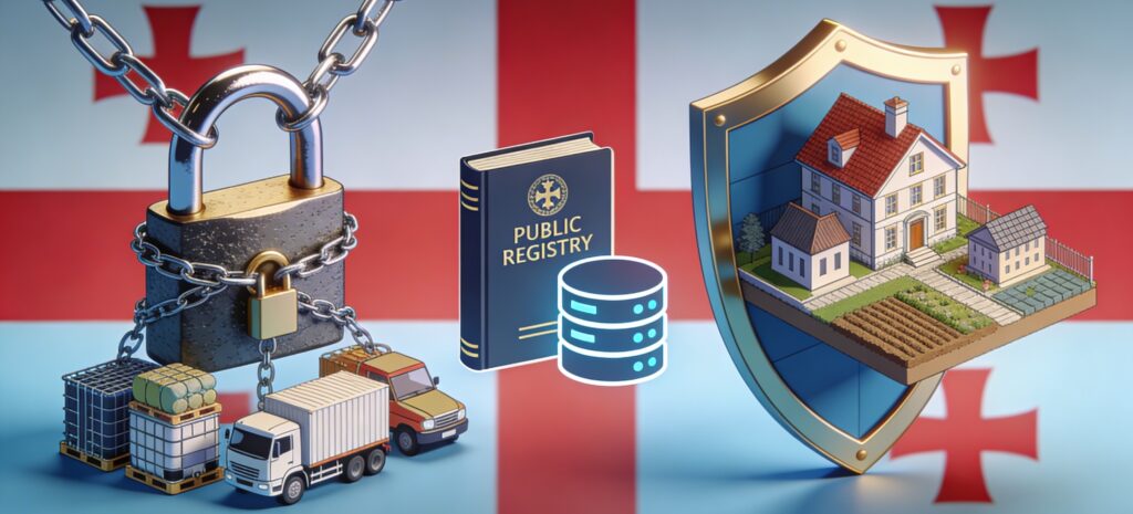 Symbolic graphic depicting pledges, mortgages, and registry icons for Georgian security law, no text.
