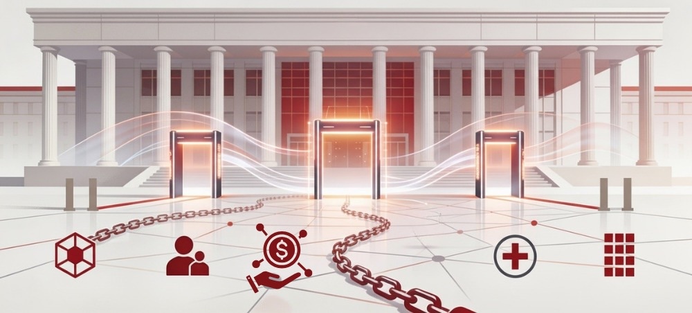 panoramic view of Georgia's VAT system with revenue buildings, compliance flows, and tax threshold symbols.