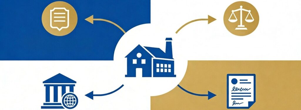 Diagram illustrating Georgian legal framework for security interest enforcement: central asset with creditor priority arrow on default, branching to judicial path (court and bureau icons) and extrajudicial path