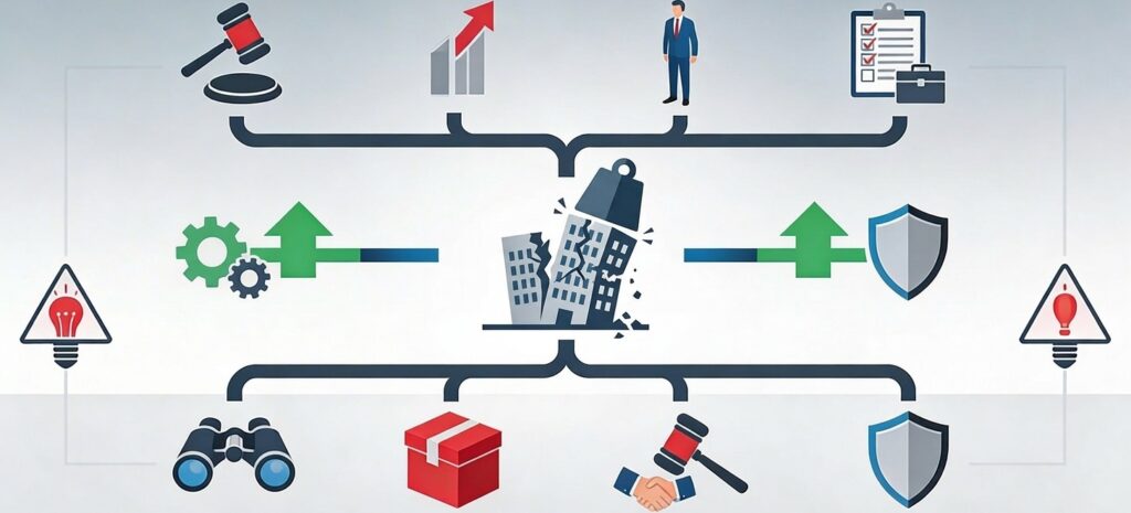 Professional infographic depicting insolvency consequences: crumbling building branches to enforcement pause, administrator, claims check, rehab/liquidation paths, and proactive monitoring icons. 