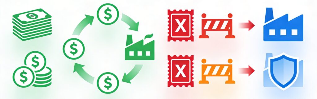 Minimalist graphic showing Georgia's corporate tax flow: untaxed profit growth, reinvestment loop, distribution taxes, and exempt zone.