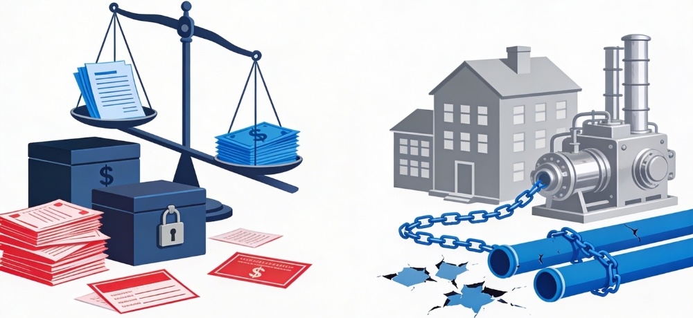 Graphic illustrating cash-flow insolvency under Georgia's Insolvency Law: distressed business with tipping scales, locked cash, illiquid assets, overdue bills, and blocked payments. 