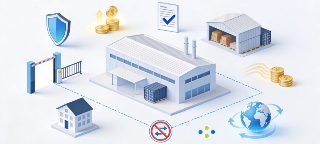 Simple tax benefits business graphic with industrial zone icons 