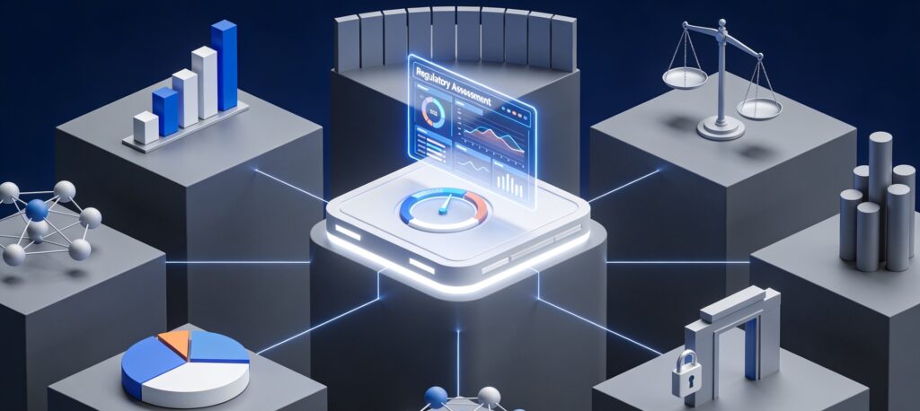 3D corporate render assessing market dominance factors like share, barriers, and buyer power. 
