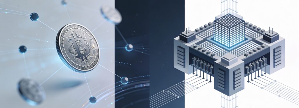 Abstract corporate illustration of VAT on crypto transactions and mining.