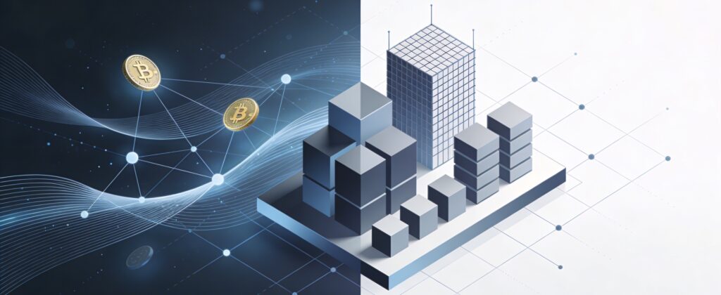 Abstract corporate illustration of crypto taxation and regulated digital income.