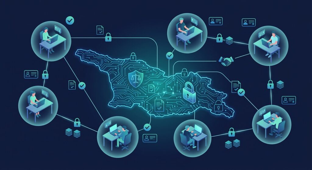 Isometric illustration of secure peer-to-peer online gaming around a glowing digital map of Georgia with shields, locks, and networked players.